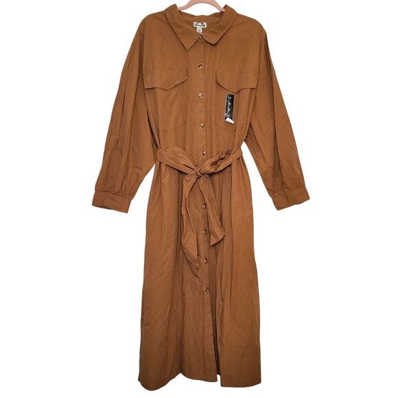 Future Collective Brown Belted Button-Down Maxi Shirt Dress 2X Long Sleeve Strip - Picture 2 of 9